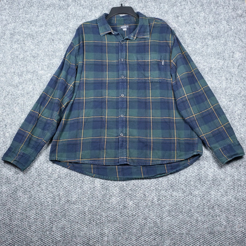 Eddie Bauer Men's Green Gray Plaid Flannel Long Sleeve‎ Button Up Shirt XXL
